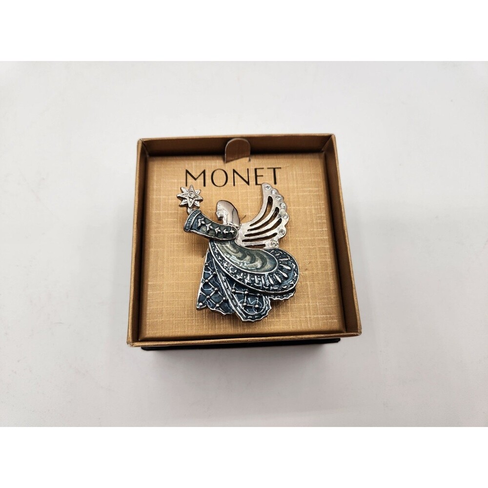 Vintage Signed Monet ~ Angel Silver Tone W/ Blue Accents Brooch In Original Box